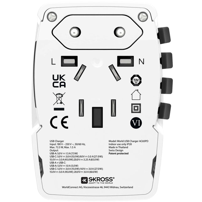World travel charger AC65PD World USB-A+USB-C PD 65W Grounded