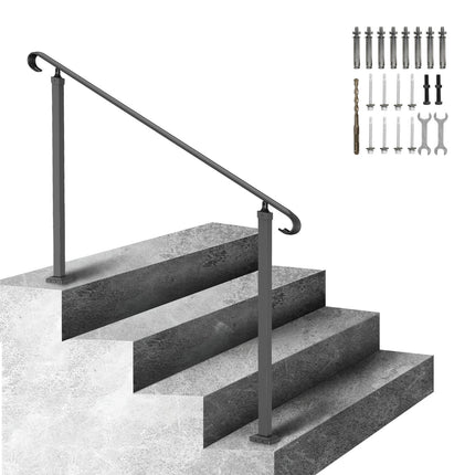 Wrought Iron Stair Handrail for 3 Steps, Adjustable, Black