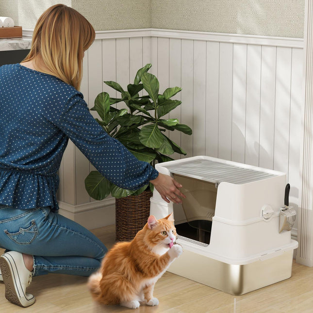 XL Stainless Steel Cat Litter Box, Scoop Included, Light Gray