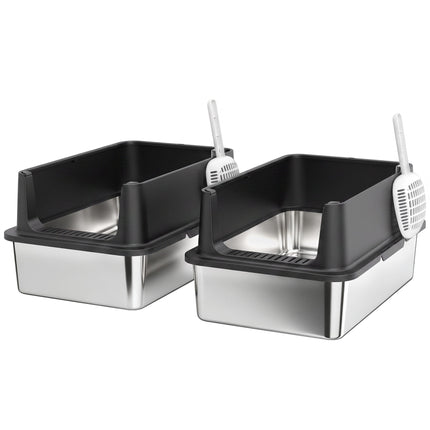 XL Stainless Steel Cat Litter Box Set, High Sides, 60x40x30cm