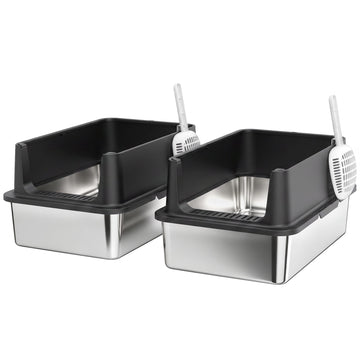 XL Stainless Steel Cat Litter Box Set, High Sides, 60x40x30cm