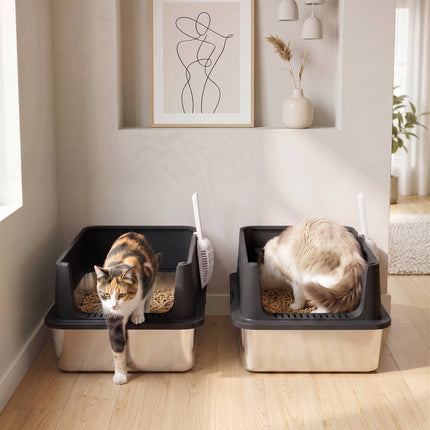 XL Stainless Steel Cat Litter Box Set, High Sides, 60x40x30cm