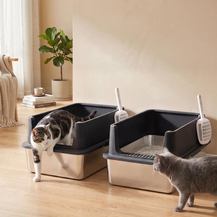 XL Stainless Steel Cat Litter Box Set, High Sides, 60x40x30cm
