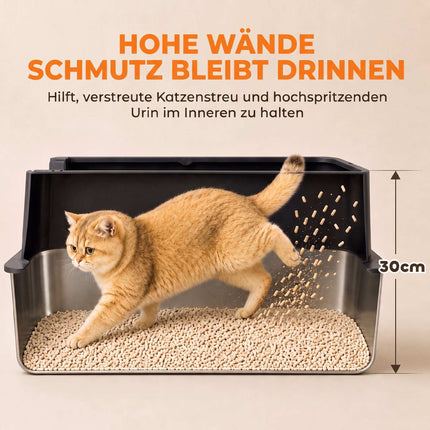 XL Stainless Steel Cat Litter Box Set, High Sides, 60x40x30cm
