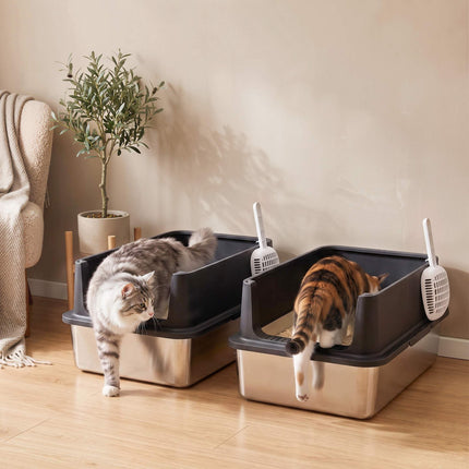 XL Stainless Steel Cat Litter Box Set, High Sides, 60x40x30cm