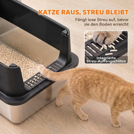 XL Stainless Steel Cat Litter Box Set, High Sides, 60x40x30cm
