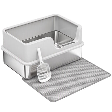 XL Stainless Steel Cat Litter Box with Lid, High Sides, Grey
