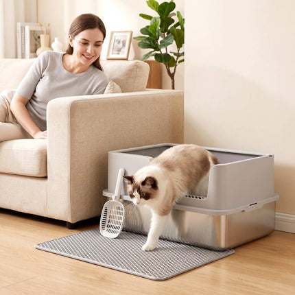 XL Stainless Steel Cat Litter Box with Lid, High Sides, Grey