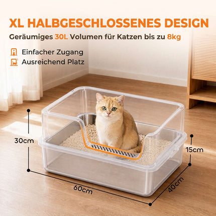XL Stainless Steel Cat Litter Box with Lid, High Sides, Grey