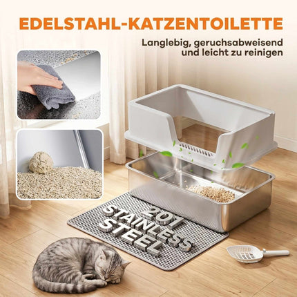XL Stainless Steel Cat Litter Box with Lid, High Sides, Grey
