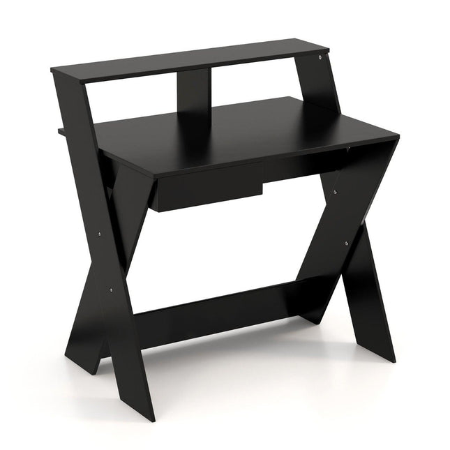X-shaped computer desk with drawer & monitor riser desk black