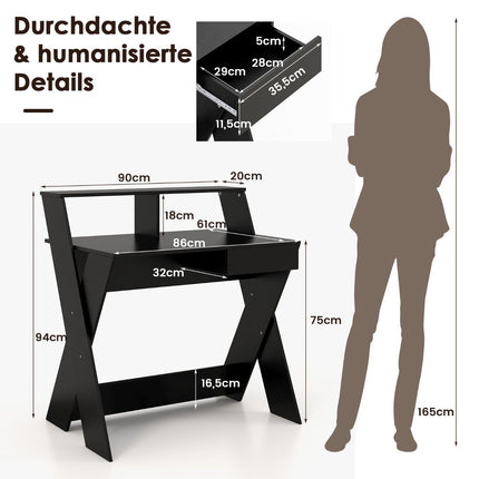 X-shaped computer desk with drawer & monitor riser desk black