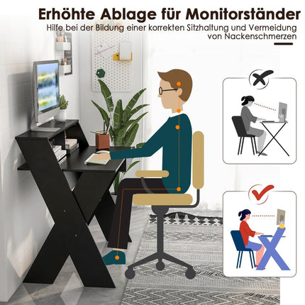 X-shaped computer desk with drawer & monitor riser desk black