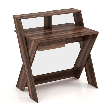 X-shaped computer desk with drawer & monitor riser desk walnut