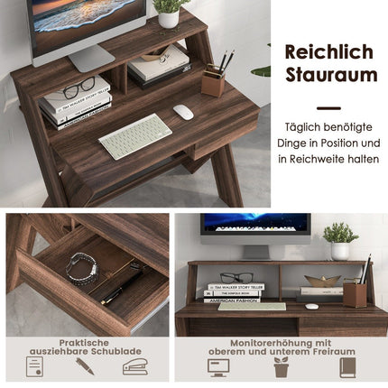 X-shaped computer desk with drawer & monitor riser desk walnut