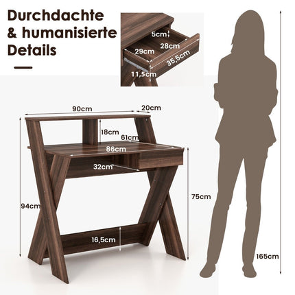 X-shaped computer desk with drawer & monitor riser desk walnut