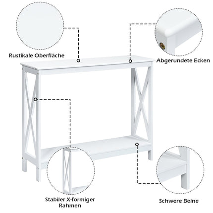 X-shaped narrow console table with 2 levels 100 x 30 x 80 cm white