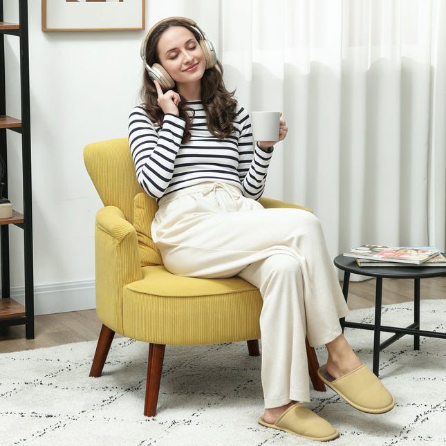 Yellow Armchair with Cushion, Rubberwood Legs, Upholstered