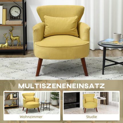 Yellow Armchair with Cushion, Rubberwood Legs, Upholstered