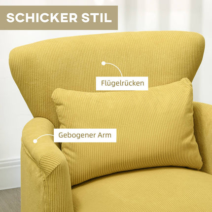 Yellow Armchair with Cushion, Rubberwood Legs, Upholstered