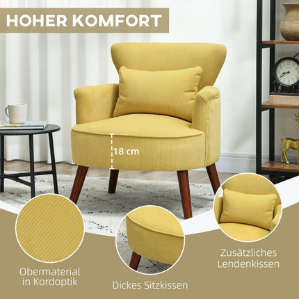 Yellow Armchair with Cushion, Rubberwood Legs, Upholstered