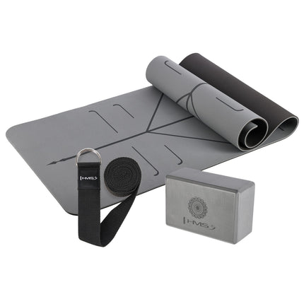 Yoga Set – Gray TPE Mat, Block, Strap