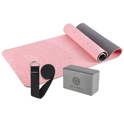 Yoga Set – TPE Mat, Pink; Gray Block; Strap
