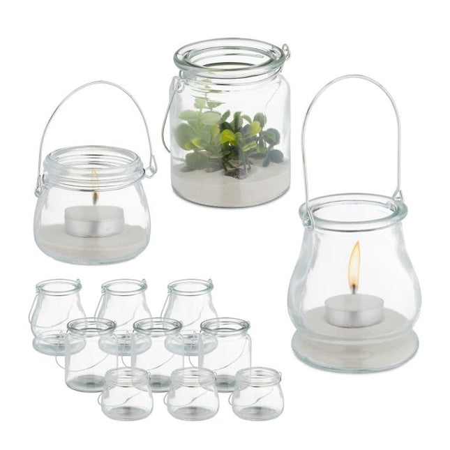 set of 12 glass lanterns in 3 sizes