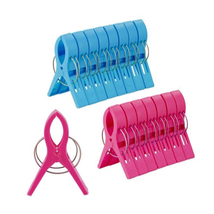 set of 16 beach towel clips in blue/pink