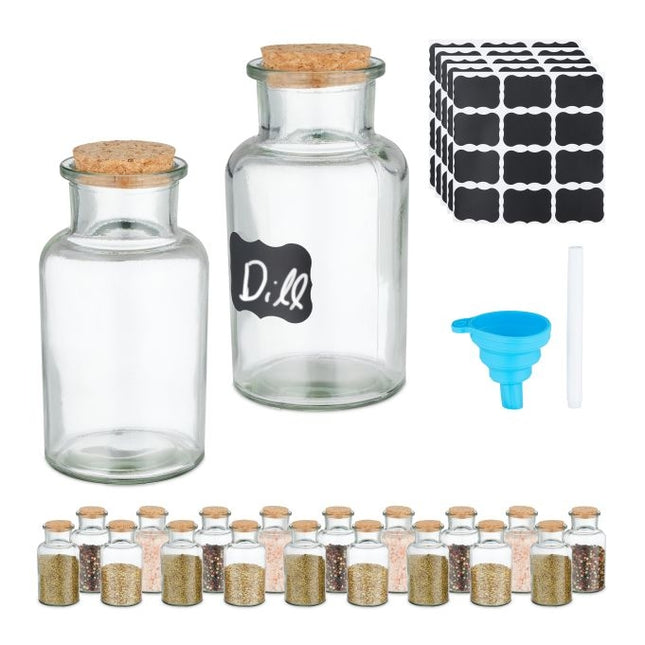 set of 20 spice jars with cork lids