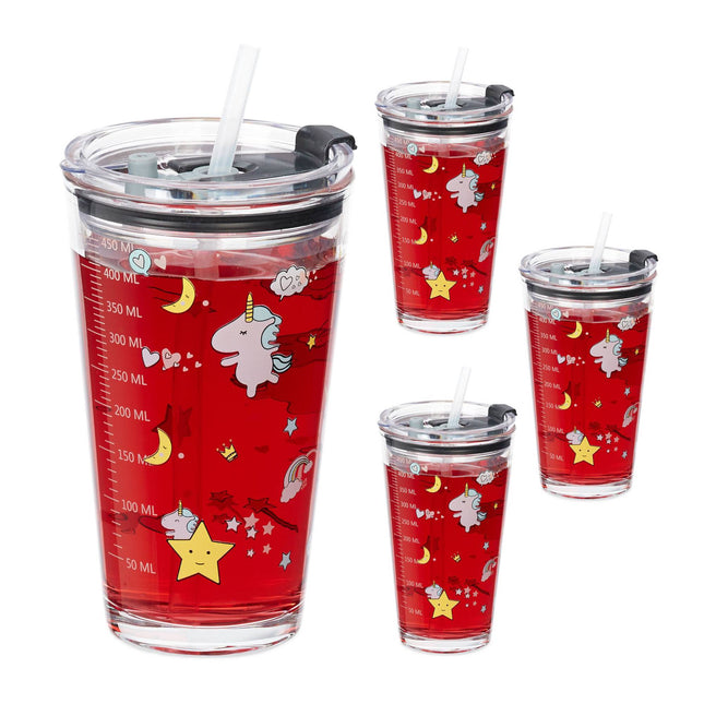 set of 4 children's glasses with unicorn motif