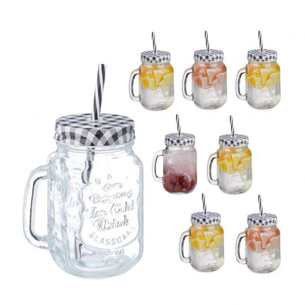 set of 8 drinking glasses with checkered lids