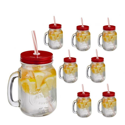 set of 8 drinking glasses with red lids