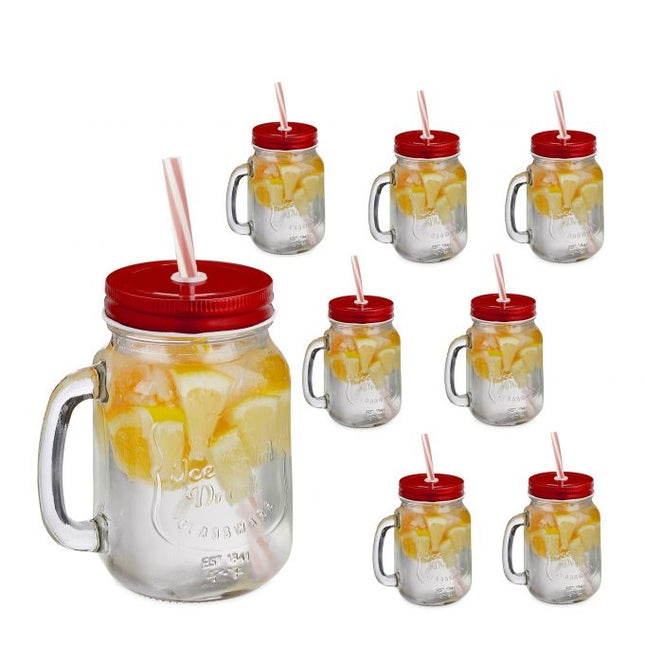 set of 8 drinking glasses with red lids